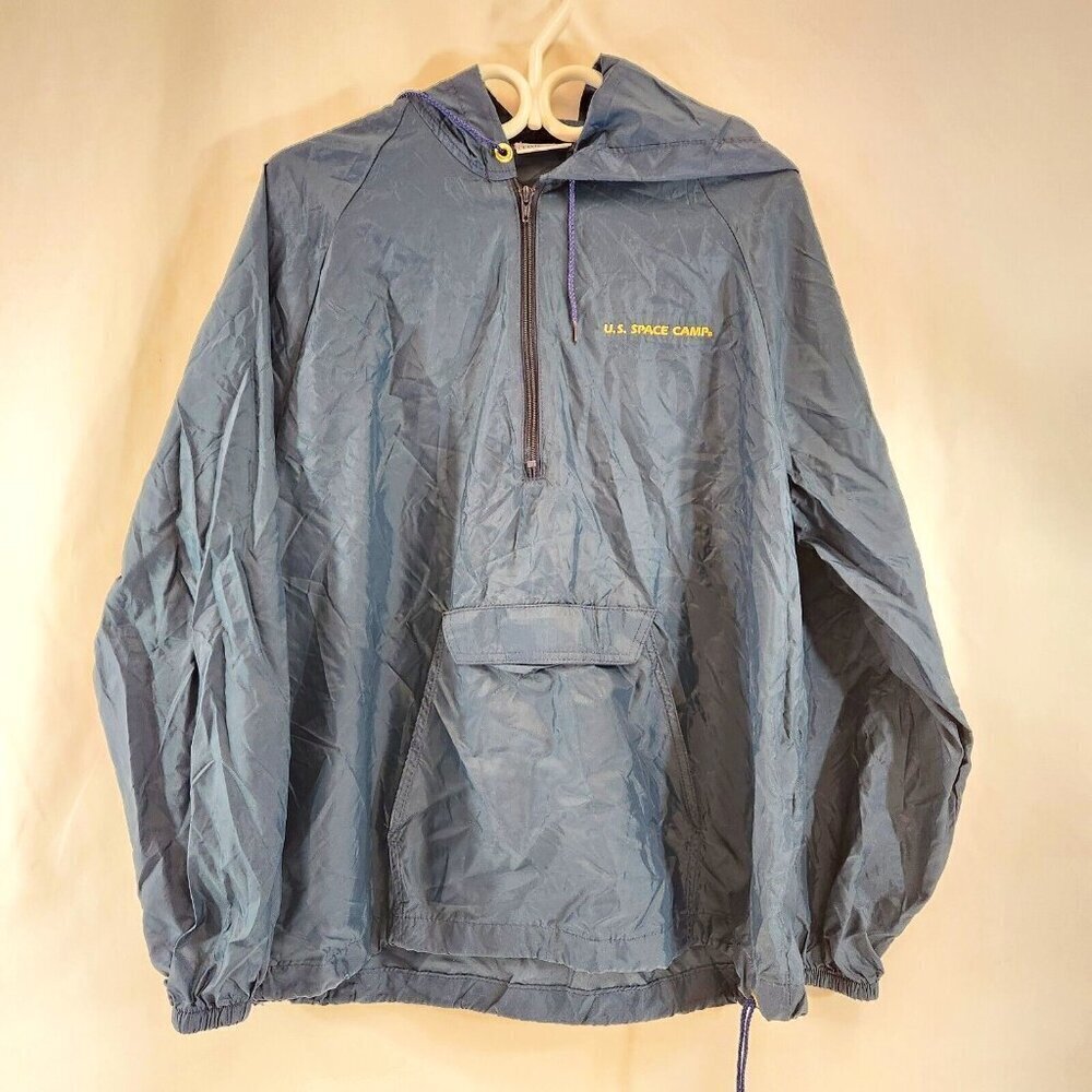 US Space Camp Pullover Windbreaker Jacket 1/2 Zip Hooded Navy Blue Medium Vtg
